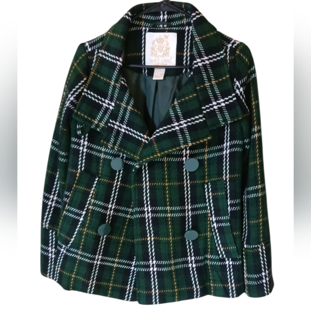 Wet Seal Vintage Women's Green Plaid Double-Breasted Pea Coat Jacket Preowned XS